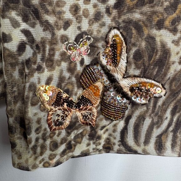 VTG Dana Buchman Brown Leopard Print Top W/ Sequin Butterfly Embellishments Sz S - Picture 8 of 11